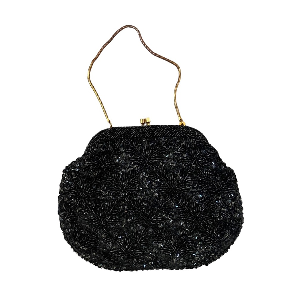 Handmade Vintage Bon Soir Italian Beaded and Sequined Black Clutch Purse